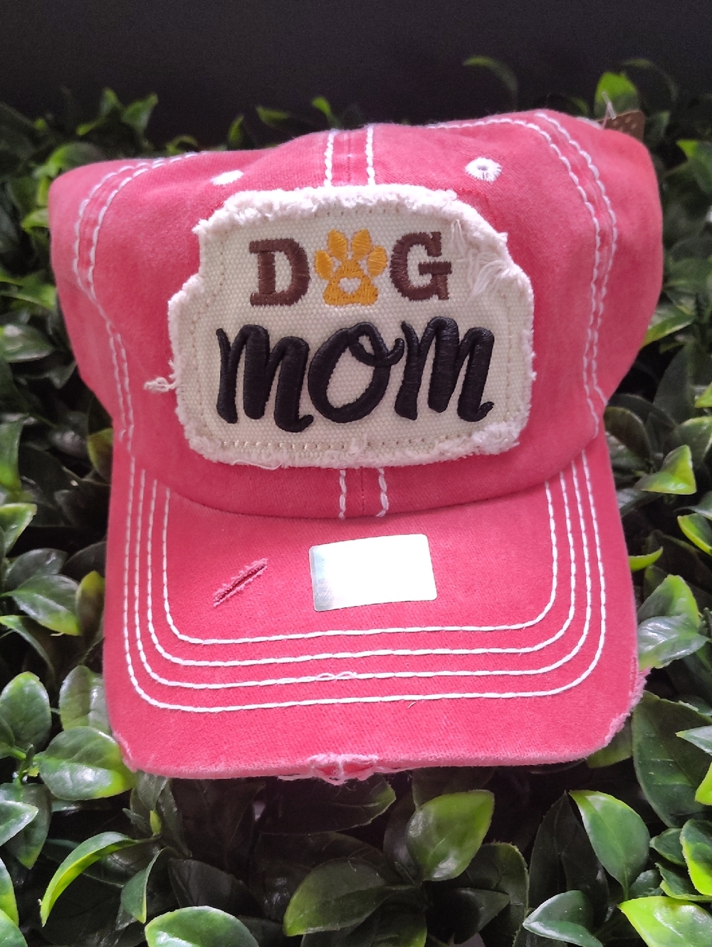 Pink "Dog Mom" Distressed Baseball Cap